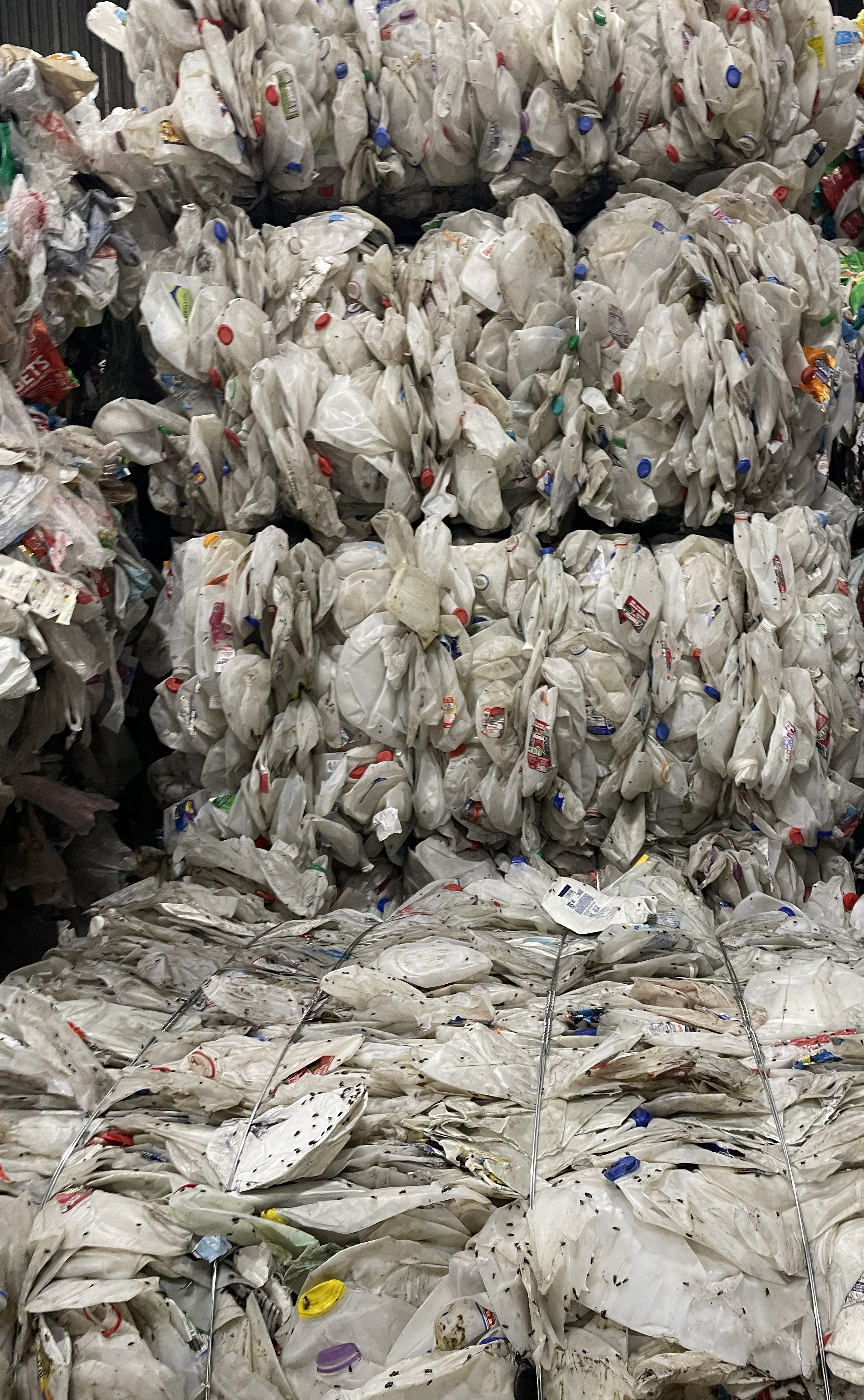 Natural HDPE bales from milk jugs and uncolored containers, post-consumer recycled plastic